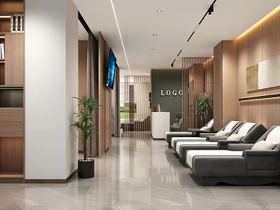 Contemporary Lobby With Sofa Plants TV LOGO Wall Wooden Panels And Marble Floor 3d model