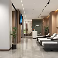 Contemporary Lobby With Sofa Plants TV LOGO Wall Wooden Panels And Marble Floor
