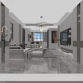 Modern Living and Dining Room Interior With TV Wall Fireplace Sofa And Decorative Plant