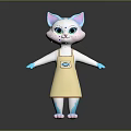 Cute White Cat With Green Eyes Blue Ears And Paws Wearing Yellow Apron With Logo