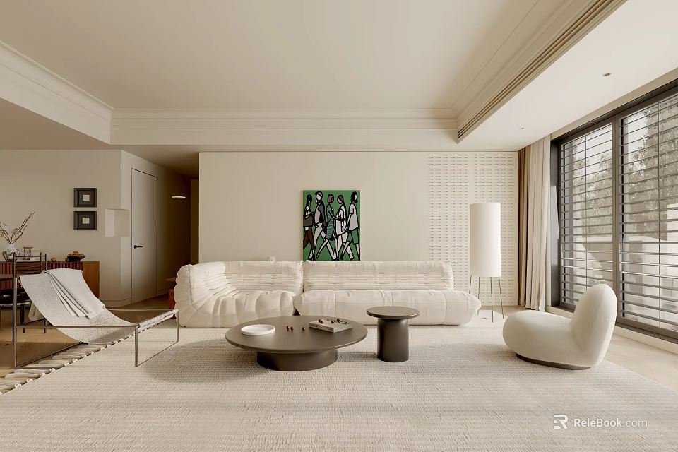 Modern Living Room Interior With White Sofa Decorative Painting And Floor To Ceiling Windows 3d model 