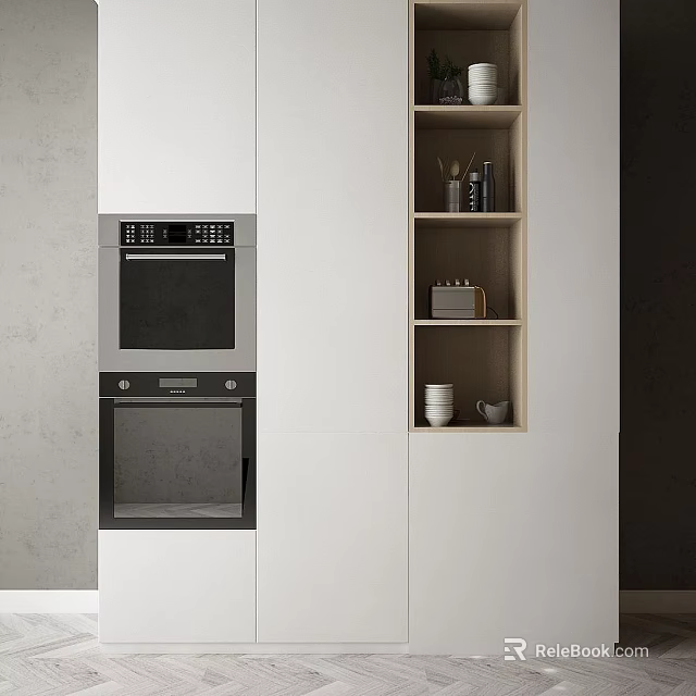 Modern Kitchen Interior With White Decorative Cabinet Open Shelves And Built-in Oven 3d model 