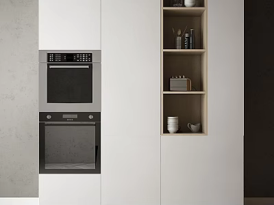 Modern Kitchen Interior With White Decorative Cabinet Open Shelves And Built-in Oven 3d model