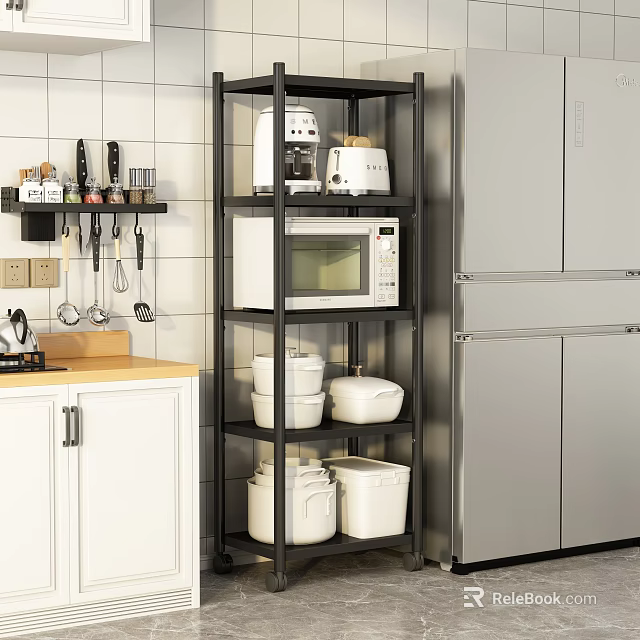 Modern Kitchen Storage Shelf With Microwave Coffee Maker White Containers And White Cabinets 3d model 