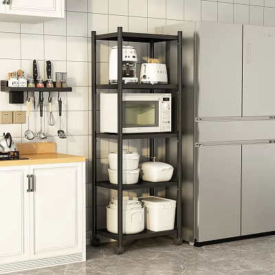 Modern Kitchen Storage Shelf With Microwave Coffee Maker White Containers And White Cabinets 3d model