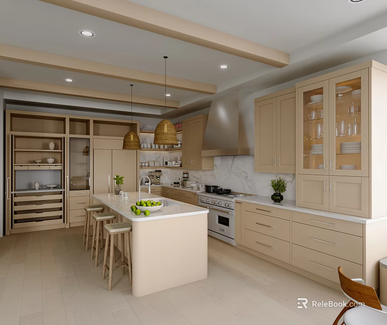 Modern Warm Light Beige Kitchen With Central Island Bar Stools And Full Custom Storage Cabinets 3d model 