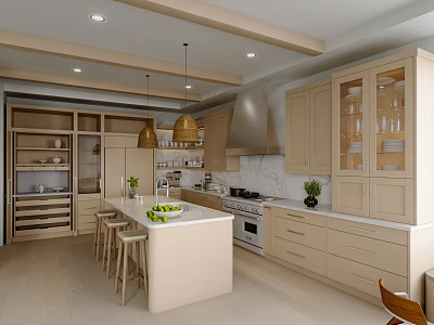 Modern Warm Light Beige Kitchen With Central Island Bar Stools And Full Custom Storage Cabinets 3d model