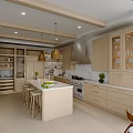 Modern Warm Light Beige Kitchen With Central Island Bar Stools And Full Custom Storage Cabinets