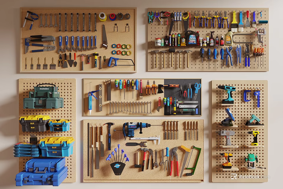 Organized Hardware Tools On Wall Mounted Pegboards With Wrenches Screwdrivers Hammers And Toolboxes 3d model