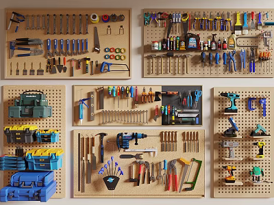 Organized Hardware Tools On Wall Mounted Pegboards With Wrenches Screwdrivers Hammers And Toolboxes 3d model