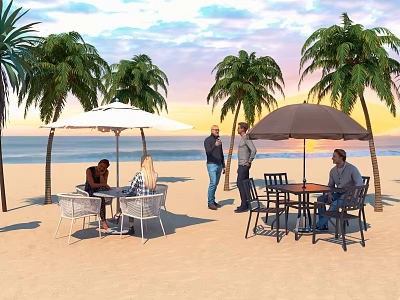 Stylish Outdoor Tables on Beach with Palm Trees Umbrellas Sunset and Ocean View 3d model