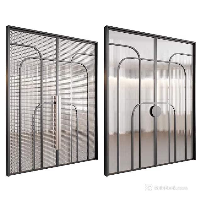 Modern Black Framed Glass Doors With Geometric Patterns And Circular Handle 3d model 