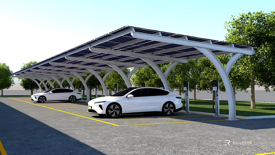 Modern Curved Solar Carport Shade For Outdoor Electric Vehicle Charging And Parking Areas 3d model 