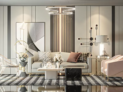 Modern Living Room Sofa Coffee Table Set With Throw Pillows Patterned Rug And Chandelier 3d model