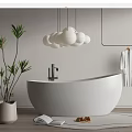 White Bathtub With Hanging Spherical Lights Potted Plant Bathrobe Slippers Open Book and Round Rug