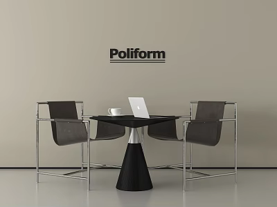 Poliform Modern Table And Chair Set With Round Black Conical Base Grey Chairs Metal Frame 3d model