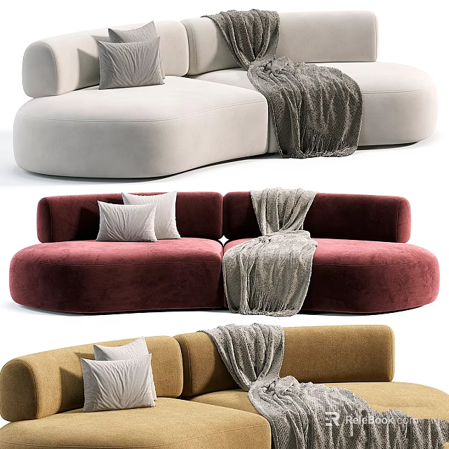 Modern Curved Sofa Designs In Beige Burgundy Brown With Pillows And Gray Blanket 3d model 