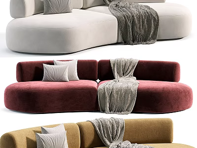 Modern Curved Sofa Designs In Beige Burgundy Brown With Pillows And Gray Blanket 3d model