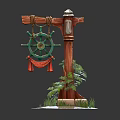 Decorative Ornament Set With Wood Pole Green Ship Wheel Red Tassels Plants And Greenery On Stone Base