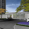 Modern High Rise Residential Landscape With Entrance Area Glass Screen Circular Fountain And Greenery