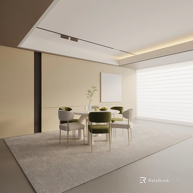 Modern Round Dining Table Set with Green Accent Chairs and Window Blinds 3d model