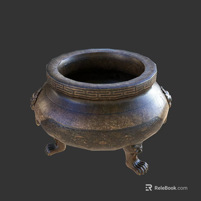Traditional Ceramic Vessel With Circular Mouth Decorative Patterns And Animal Shaped Feet 3d model 
