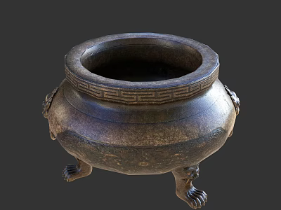 Traditional Ceramic Vessel With Circular Mouth Decorative Patterns And Animal Shaped Feet 3d model
