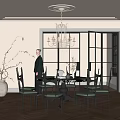 Elegant Restaurant Interior With Crystal Chandelier Round Dining Table Black Chairs Green Cushions Wooden Floor