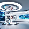 Modern Technology Exhibition Hall With Curved White Design Circular Ceiling Lights And Interactive Digital Displays