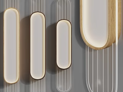 Modern Wall Lamps with Wooden Frames and White Shades on Vertical Striped Background 3d model