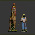 Painted Camel Figurine on Grassy Base with Person Riding and Standing Figure Holding Water Jug