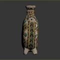 Sculptural Ceramic Vase With Colorful Carved Floral Motifs And Decorative Figure On Tripod Base