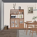 Wooden Sideboard with Microwave Coffee Maker and Glassware in Cozy Dining Room Interior