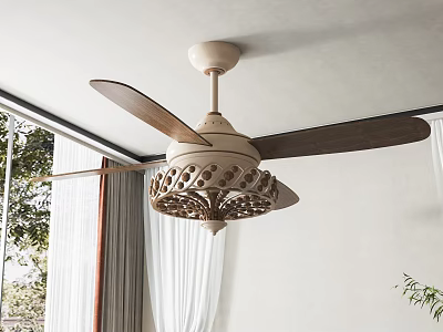Indoor Ceiling Air Conditioning Fan With Wooden Blades Decorative Design White Curtains And Natural Light 3d model