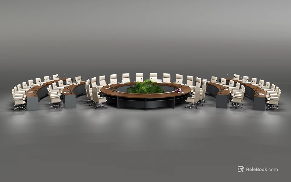 Elegant Round Wooden Conference Table Surrounded by Leather Office Chairs With Central Green Plant 3d model 