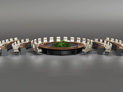 Elegant Round Wooden Conference Table Surrounded by Leather Office Chairs With Central Green Plant 3d model
