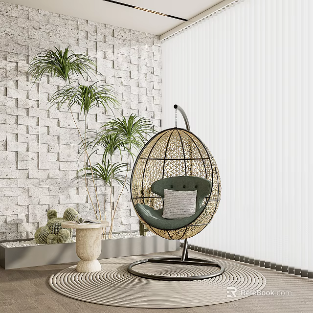 Wicker Hanging Chair In Bright Indoor Space With Plants 3d model 