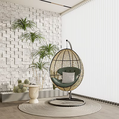 Wicker Hanging Chair In Bright Indoor Space With Plants 3d model