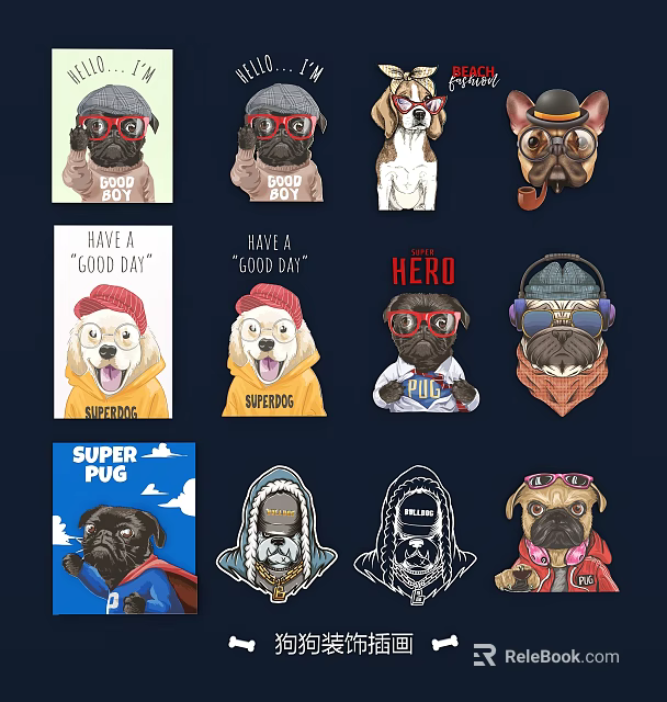 Cute Animal Wall Decor With Dog Designs Glasses Hats Hero And Superdog Quotes 3d model 