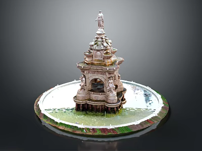 Ornate Garden Ornament Fountain With Multi Tiered Statue Top Decorative Base And Grass Flowers Around 3d model