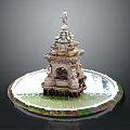 Ornate Garden Ornament Fountain With Multi Tiered Statue Top Decorative Base And Grass Flowers Around