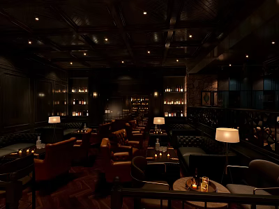 Cozy Bar Interior With Dark Wooden Ceiling Leather Sofas Warm Lamps And Wooden Bottle Shelves 3d model