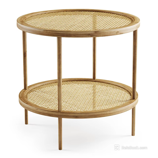 Two Tier Round Side Table With Wooden Frame And Rattan Shelves For Living Room 3d model 