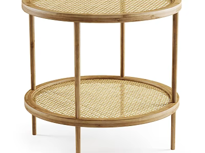 Two Tier Round Side Table With Wooden Frame And Rattan Shelves For Living Room 3d model