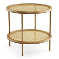 Two Tier Round Side Table With Wooden Frame And Rattan Shelves For Living Room