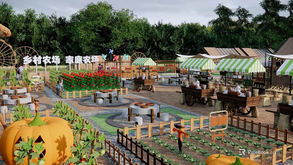 Rural Farm Landscape With Flower Fields Pumpkins Vegetables Wooden Tables And Striped Awning Stalls 3d model 