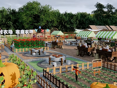 Rural Farm Landscape With Flower Fields Pumpkins Vegetables Wooden Tables And Striped Awning Stalls 3d model
