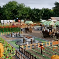 Rural Farm Landscape With Flower Fields Pumpkins Vegetables Wooden Tables And Striped Awning Stalls