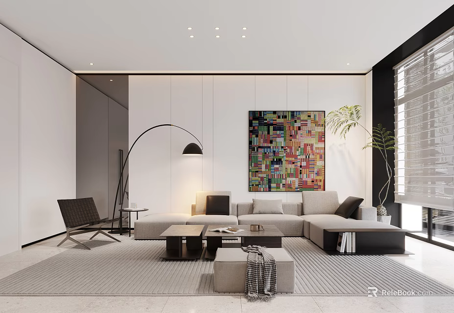 Modern Living Room Interior With Sofa Floor Lamp Artwork And Plant 3d model 