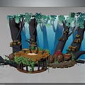 Whimsical Forest Scene With Wooden Platform Trees Leaves Crates And Mushrooms